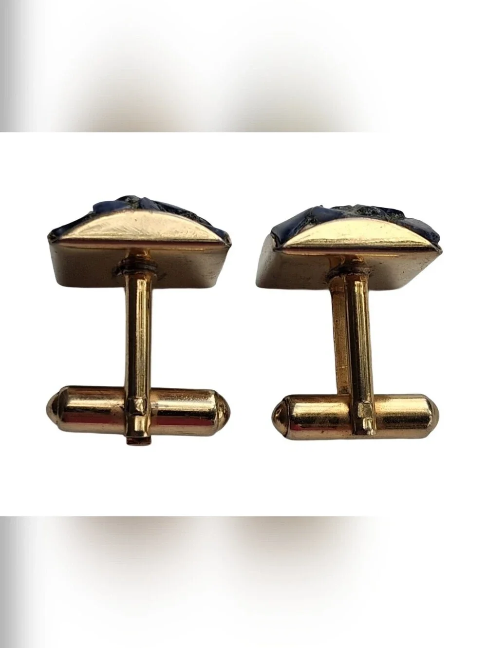 Vintage Gold Tone Sodalite Chunk Mosaic Cufflinks Square Mid Century Retro
